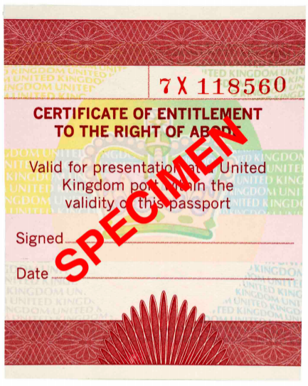 passport or travel document endorsed with unlimited leave