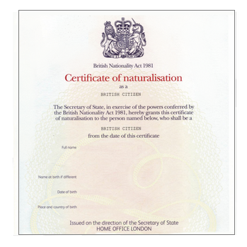 ID: A certificate of naturalisation or registration as a British citizen